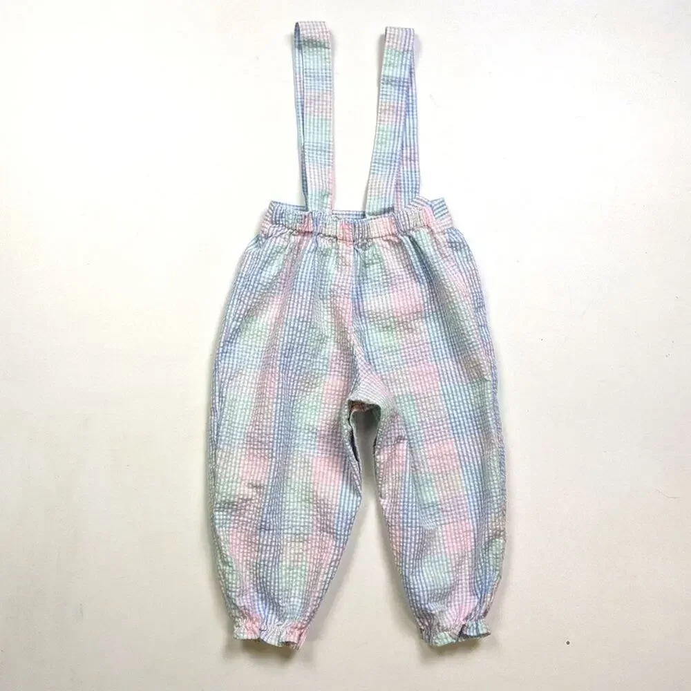 Vintage Pants Girls Size 24m Pastel Plaid Suspender Seersucker Overalls